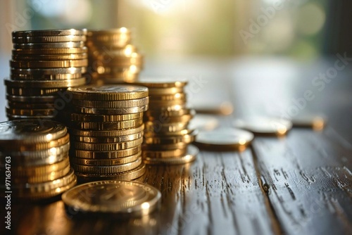 close-up of a stack of coins on a wooden table, symbolizing concepts like interest, rate, salary increase, tax, and inflation. photo