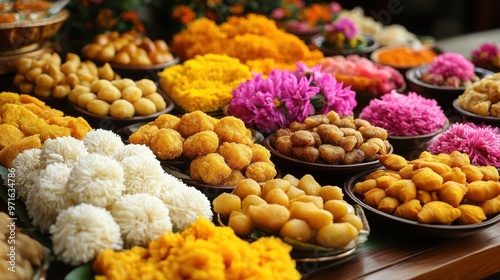 A close-up of Diwali sweets and snacks, arranged artistically with festive decorations