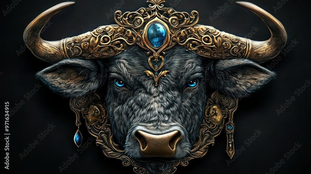 A majestic bull's head adorned with ornate jewelry and blue gemstones against a dark background. A majestic bull's head adorned with ornate jewelry and blue gemstones against a dark background.