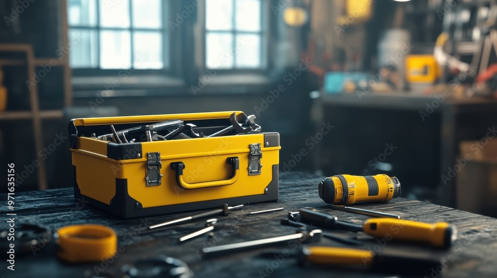 Fototapeta premium A creative business card features a yellow toolbox overflowing with various tools on a workbench in a workshop environment