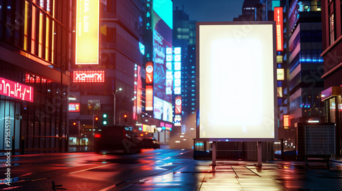 Urban Nightlife: A Blank Billboard in a Neon-Lit City photo