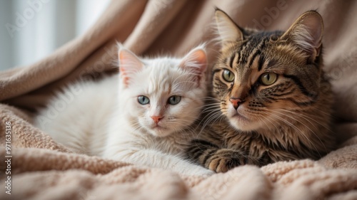 A fluffy mother cat snuggling with her kittens on a soft bed