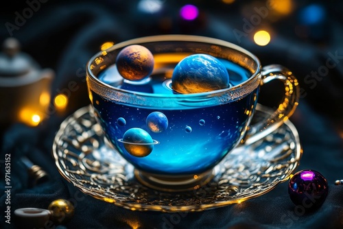 A teacup with floating planets inside, where each sip brings the drinker a vision of another world