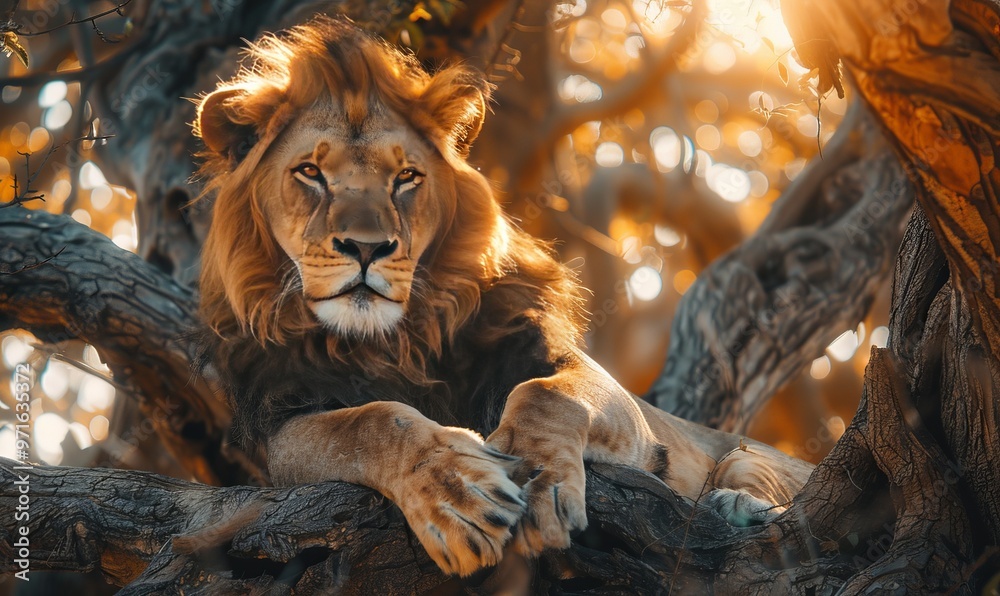 Naklejka premium well dressed lion, sitting in a big african tree, detailed photography, Beautiful back Lighting, lot of light,