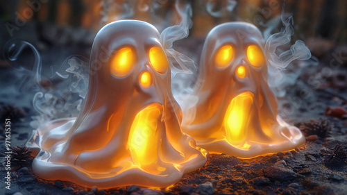 Two glowing ghost figures with smoky, melting forms, creating a spooky and mystical atmosphere in a dimly lit setting photo