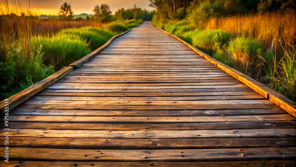 Wooden path leading through nature reserve at golden hour Wooden path leading through nature reserve at golden hour
