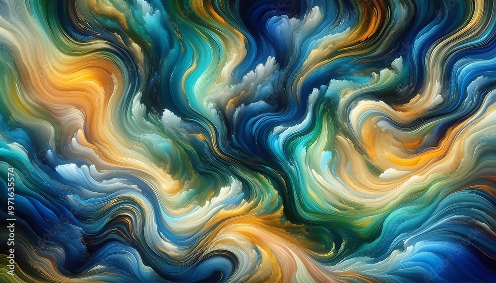 Fototapeta premium A vibrant abstract composition of swirling liquid paint in shades of blue, green, and gold. The colors blend and flow into each other, creating a sense of movement and depth