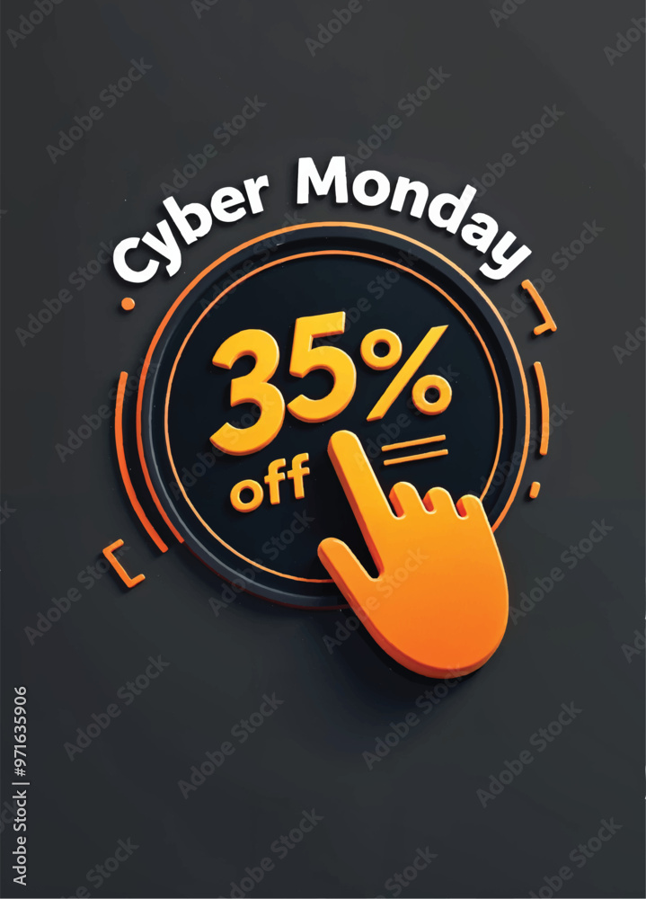 a black sign that says cyber monday 35 percent off on it with a mouse cursor icon clicking on it
