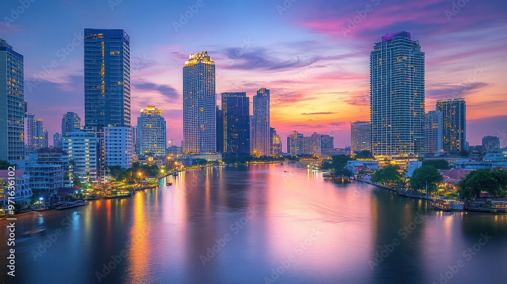 Fototapeta premium A vibrant city skyline at sunset reflecting on a river, showcasing urban beauty and tranquility.