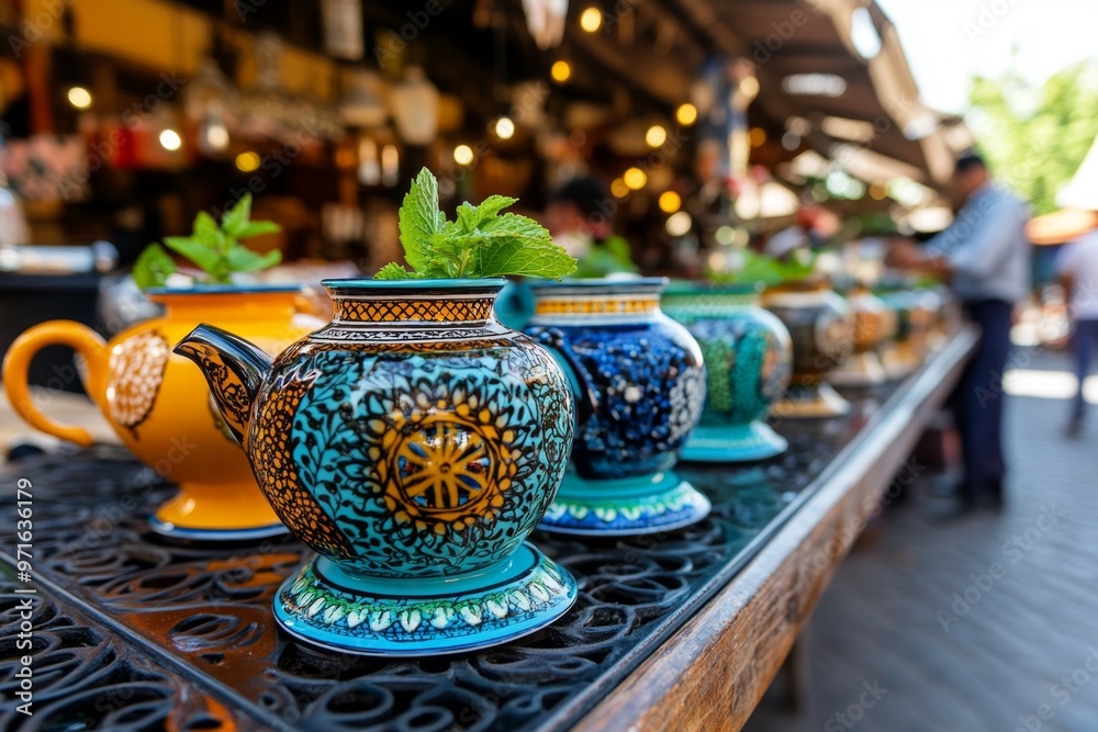 Fototapeta premium A vibrant marketplace in Morocco, with colorful teapots and tea vendors offering mint tea in small, intricately designed glasses