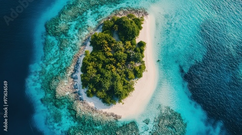 Aerial view of a tropical island surrounded by turquoise waters and coral reefs.