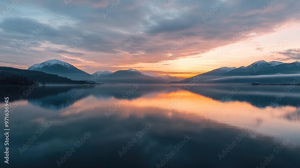 Serene landscape at sunrise over a calm lake, reflecting mountains and clouds. Serene landscape at sunrise over a calm lake, reflecting mountains and clouds.