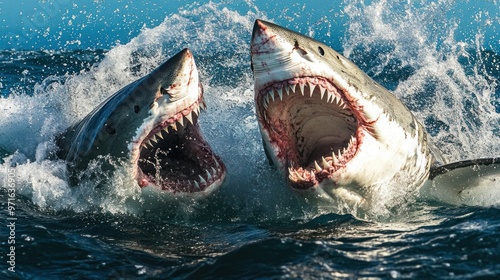 Two Great White Sharks Leaping from the Water with Jaws Open photo