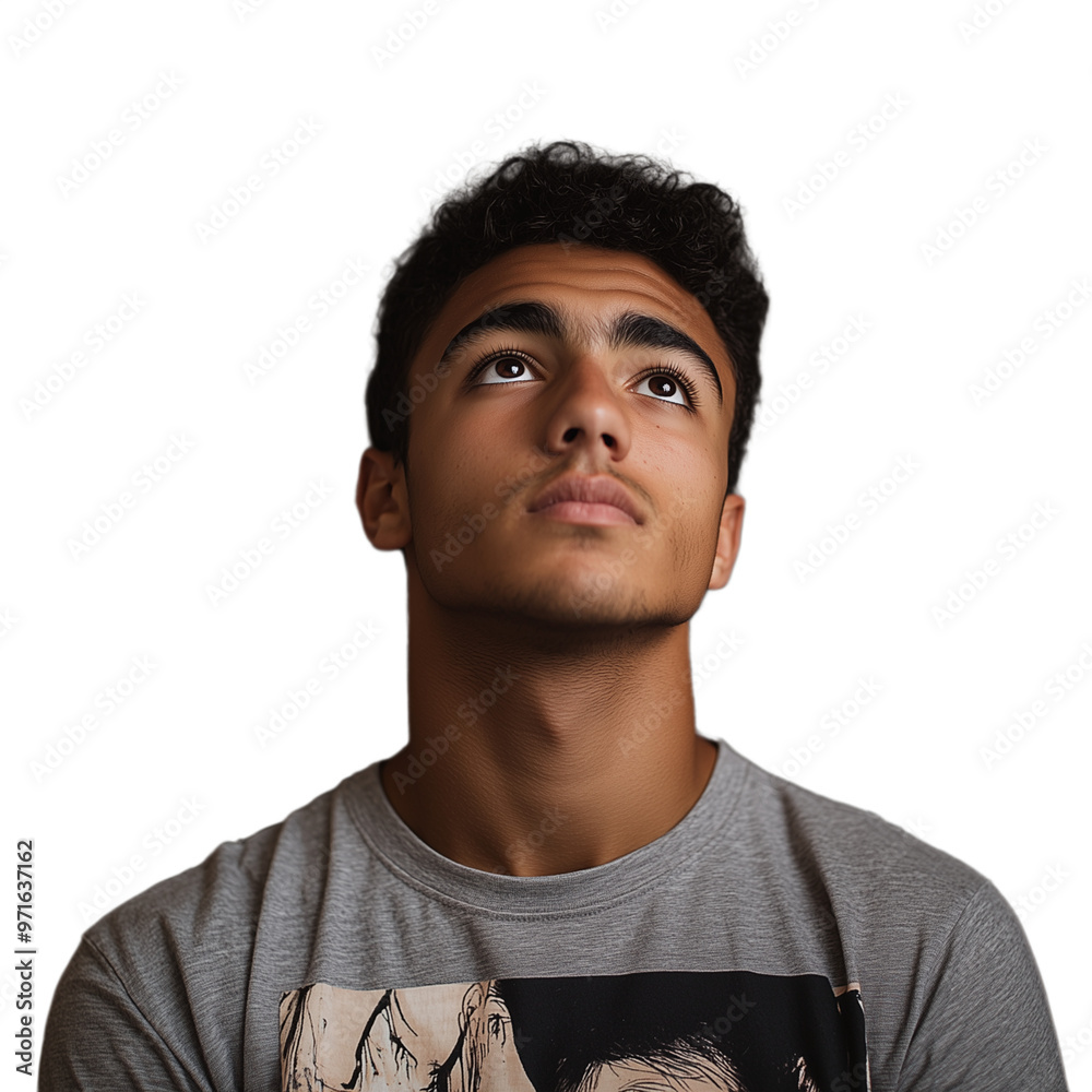 Young man gazing upward with a thoughtful expression, wearing a graphic tee Young man gazing upward with a thoughtful expression, wearing a graphic tee