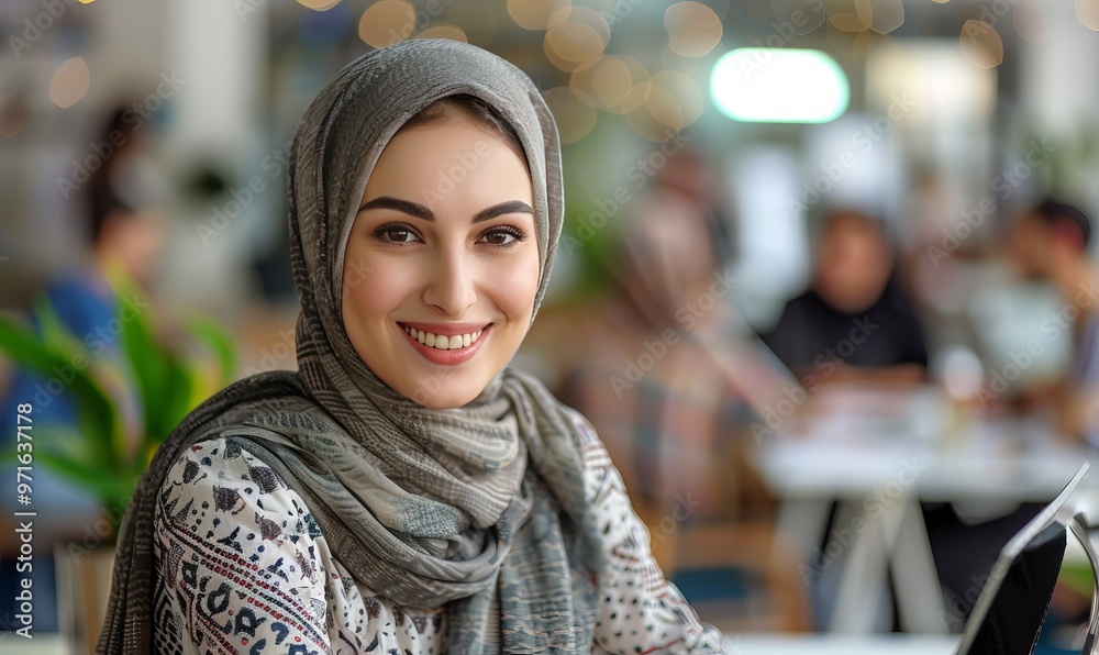 Smiling portrait of a businesswoman of arab descent wearing a hijab working with computer on desk in a startup company in a modern business office Smiling portrait of a businesswoman of arab descent wearing a hijab working with computer on desk in a startup company in a modern business office