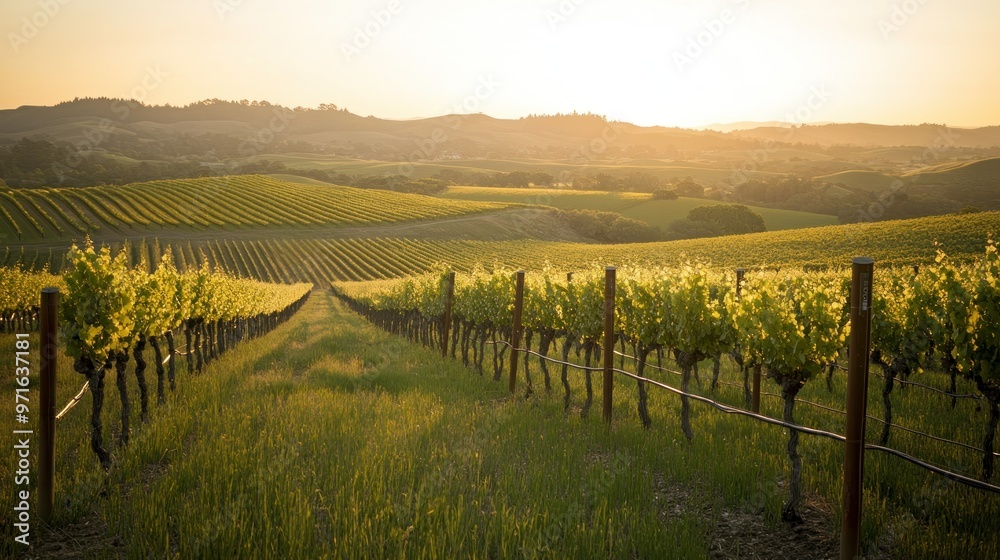 Fototapeta premium A scenic vineyard landscape at sunset with rows of grapevines and rolling hills.