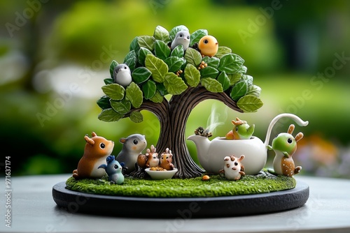 A whimsical teapot shaped like a tree, with tea made from enchanted leaves, serving a group of woodland creatures photo