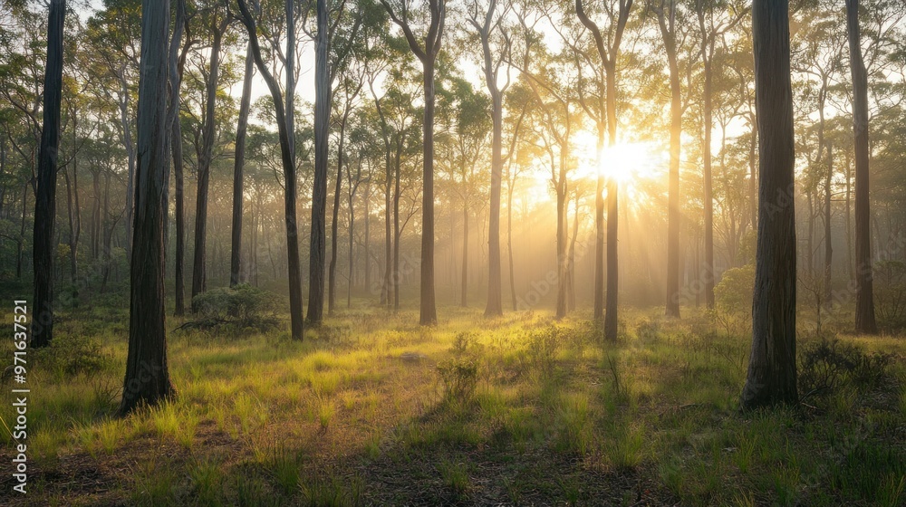 Fototapeta premium A serene forest scene with sunlight filtering through tall trees and misty surroundings.