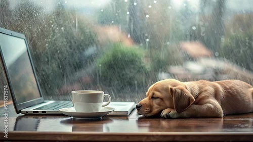 sleeping puppy on the table and a laptop and a cup of warm coffee on a rainy day