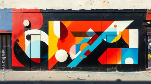 Colorful geometric street art mural on an urban wall.