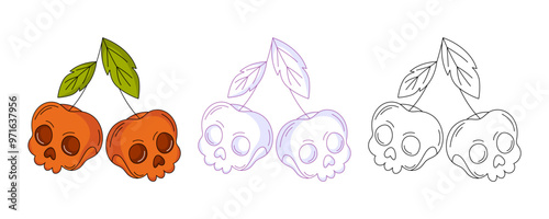 Skull shape cherry, colorful and line icons set. Traditional halloween spooky food. Vector flat icon, monochrome purple, color, outline illustration. For logo, sticker, coloring book, label, print