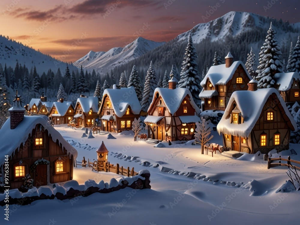 Fototapeta premium City houses on a vintage Christmas card, cute fairytale houses on a retro card or invitation for New Year or Christmas