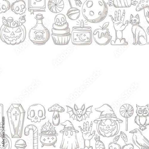 Halloween minimalist square poster, space for text in the middle. Colorful bottom and upper frame with spooky, scary gray icons, skull, ghost, pumpkin. For card, banner, invitation, social media