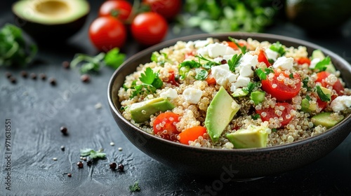 A vibrant quinoa salad with tomatoes, avocado, and herbs in a dark bowl.