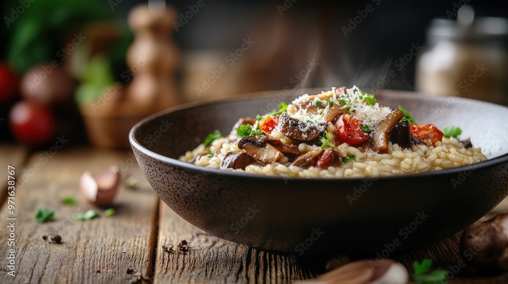 A steaming bowl of risotto topped with mushrooms, herbs, and cheese on a rustic wooden table. A steaming bowl of risotto topped with mushrooms, herbs, and cheese on a rustic wooden table.