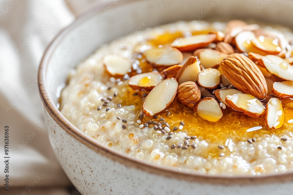 bowl of quinoa pudding, drizzled with honey and sprinkled with sliced almonds and chia seeds, capturing the creamy texture and rich toppings bowl of quinoa pudding, drizzled with honey and sprinkled with sliced almonds and chia seeds, capturing the creamy texture and rich toppings
