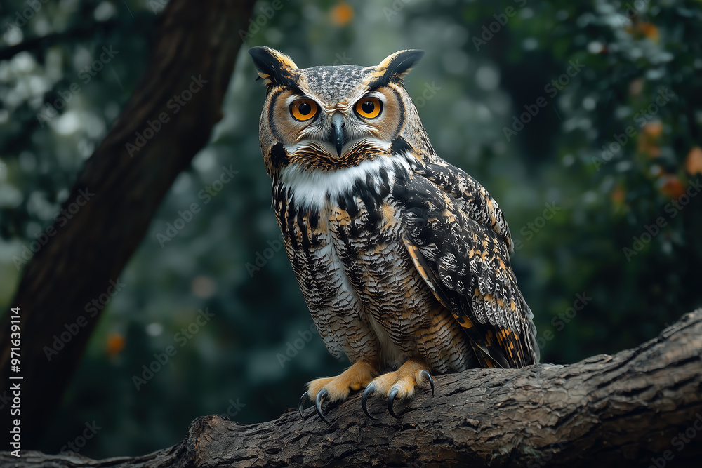 majestic owl perched on an old tree branch majestic owl perched on an old tree branch
