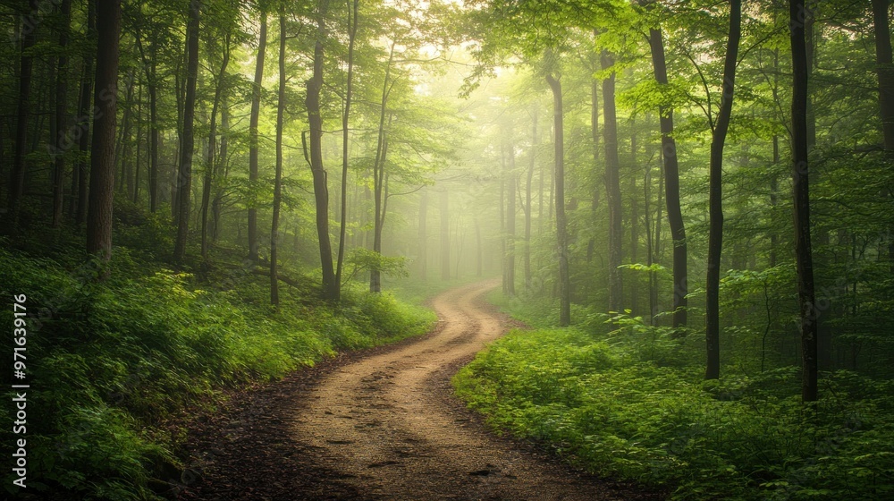 A winding dirt path through a serene, misty forest filled with lush greenery. A winding dirt path through a serene, misty forest filled with lush greenery.