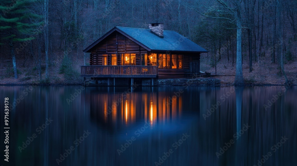 Fototapeta premium A cozy cabin by a calm lake at dusk, reflecting warm light and nature's tranquility.