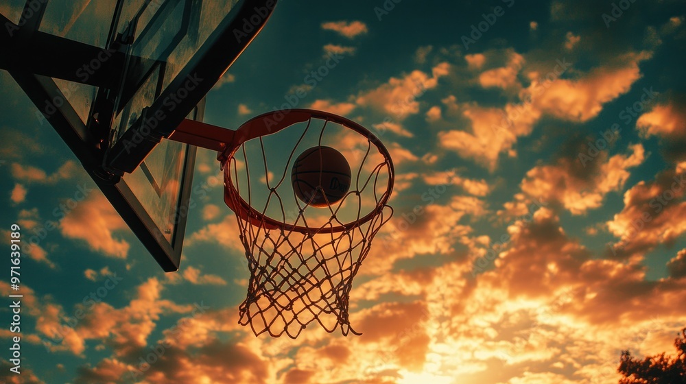 A basketball is about to enter a hoop against a dramatic sunset sky. A basketball is about to enter a hoop against a dramatic sunset sky.