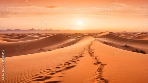 As the focal point, desert cover design fort features modern art in orange tones with graphics.Maraya in AlUla, Saudi Arabia. Mirrored building in the middle of desert.sun set view

