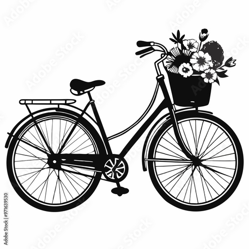 Charming black and white illustration of a bicycle with a basket full of flowers