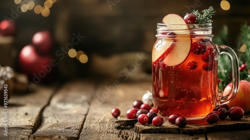 A refreshing beverage in a mason jar, decorated with cranberries and apple slices. photo