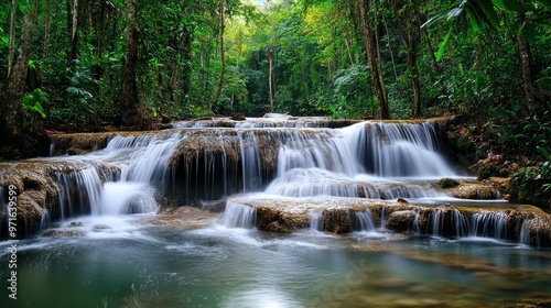A serene waterfall cascades through lush greenery in a tranquil forest setting.