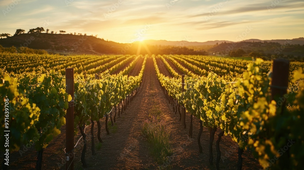 Fototapeta premium A serene vineyard at sunset, showcasing rows of grapevines and a warm, golden sky.