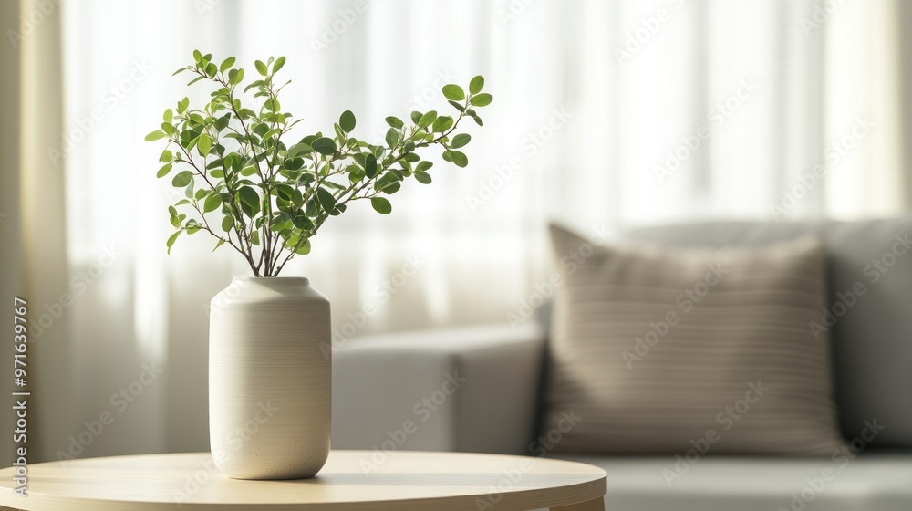 A serene indoor scene featuring a vase with greenery on a wooden table beside a couch. A serene indoor scene featuring a vase with greenery on a wooden table beside a couch.