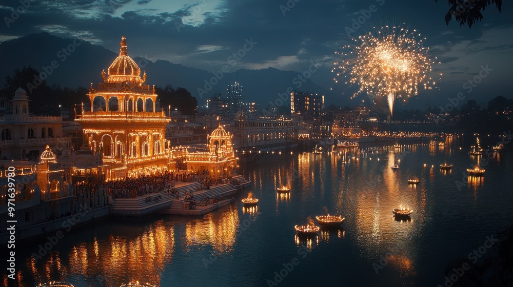 Fototapeta premium A festive Diwali evening with fireworks illuminating a beautifully decorated cityscape