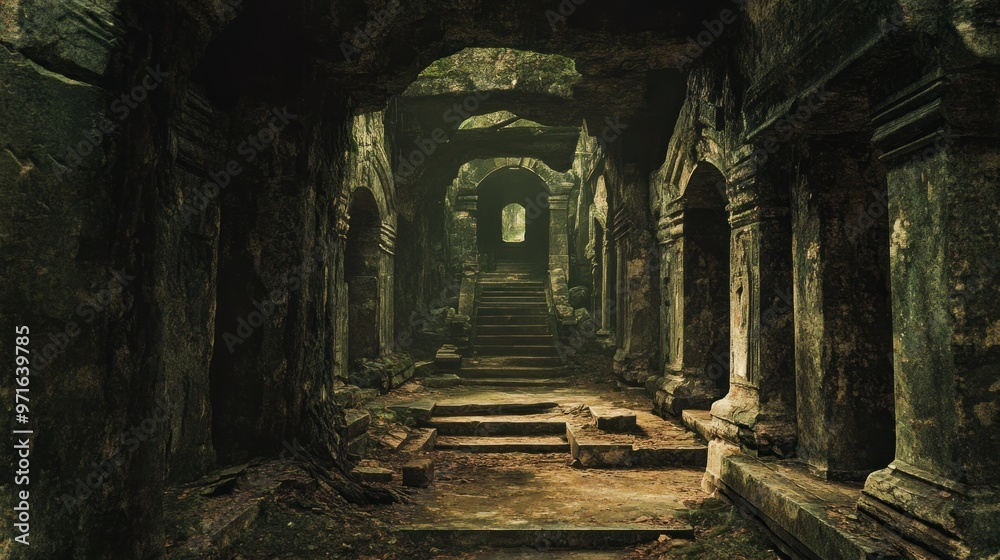 Naklejka premium Overgrown Stone Pathway Leading to an Ancient Ruined Temple