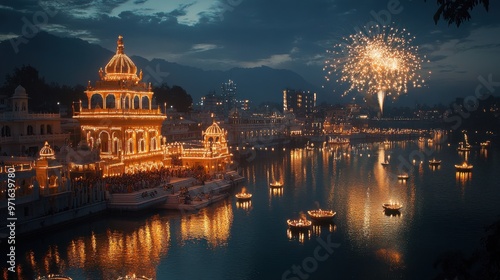 A festive Diwali evening with fireworks illuminating a beautifully decorated cityscape photo