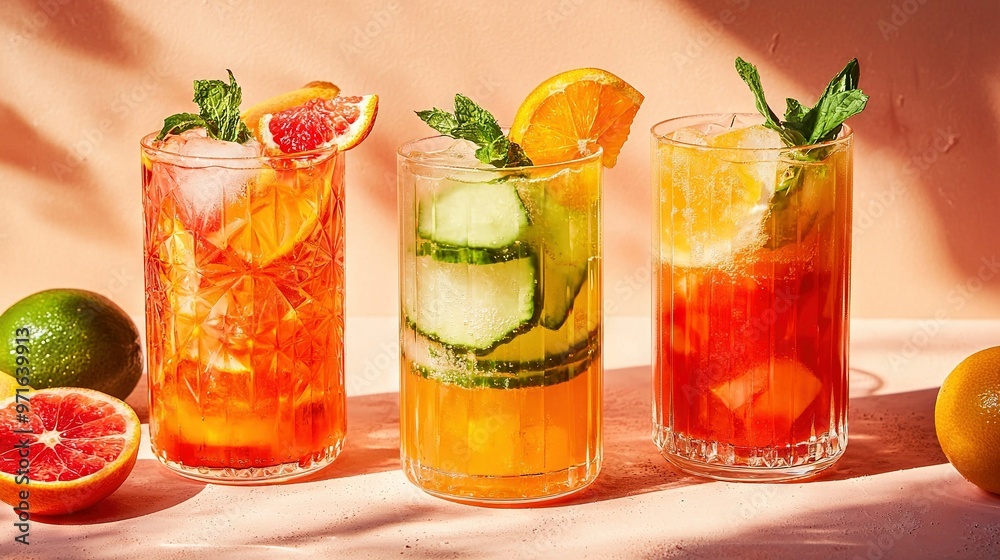 Three drinks sit on the table next to the oranges, limes, and watermelon Three drinks sit on the table next to the oranges, limes, and watermelon