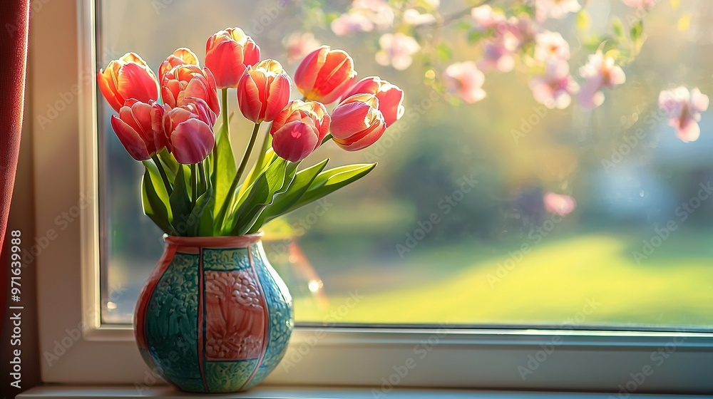 A vase brimming with vibrant red and sunny yellow tulips rests elegantly atop a window sill, framing a stunning view A vase brimming with vibrant red and sunny yellow tulips rests elegantly atop a window sill, framing a stunning view