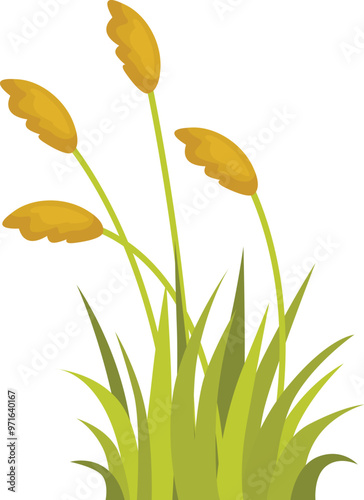 Four cattail plants growing out of long green grass blades
