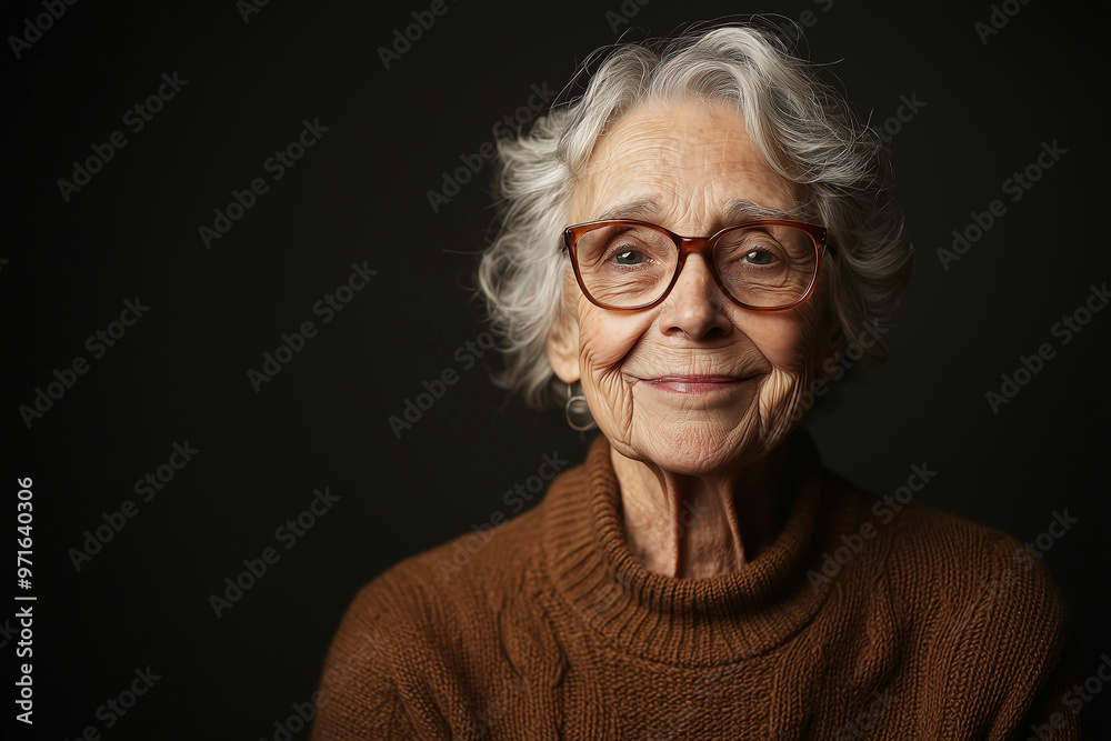 portrait of an elderly woman whose gentle smile warms the heart. Her silver hair peeks from under a brown sweater portrait of an elderly woman whose gentle smile warms the heart. Her silver hair peeks from under a brown sweater