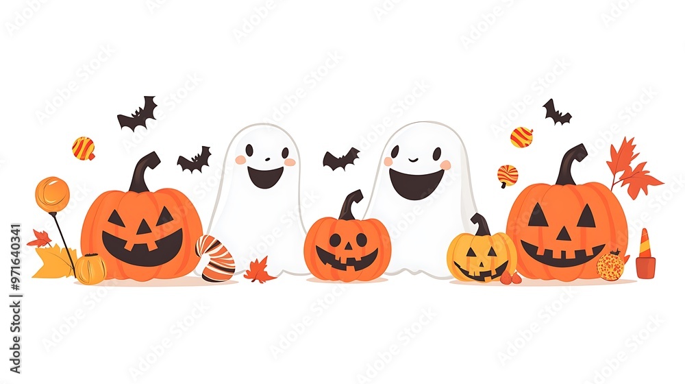Playful Halloween cartoon set with friendly ghosts, smiling pumpkins, and candy scattered on a plain white background Playful Halloween cartoon set with friendly ghosts, smiling pumpkins, and candy scattered on a plain white background