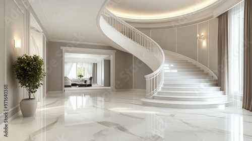 Elegant home corridor with a staircase and white marble flooring