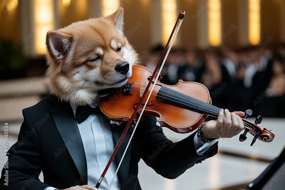 A husky performing a solo on a violin, wearing a tuxedo in a grand ...